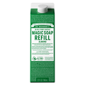 Dr. Bronners 18 in 1 Pure Castile Magic Soap Refill Almond carton displays text about organic and fair trade ingredients, emphasizing sustainability. Contains organic oils, non toxic, eco friendly. Capacity 32 fl oz [32 oz]