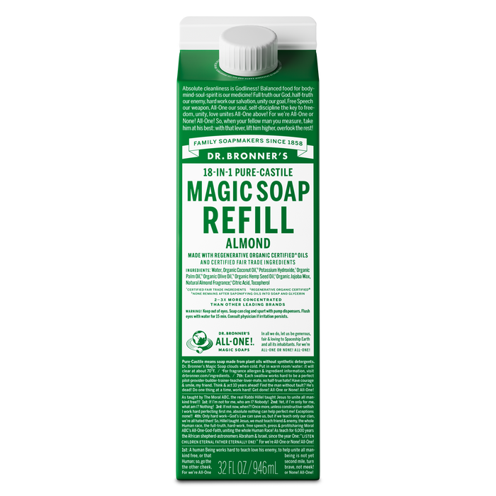 Dr. Bronners 18 in 1 Pure Castile Magic Soap Refill Almond carton displays text about organic and fair trade ingredients, emphasizing sustainability. Contains organic oils, non toxic, eco friendly. Capacity 32 fl oz [32 oz]
