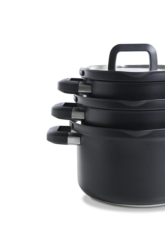 BK Pannenset Flow Cool Zwart 4-delig - RVS - Kookpan ø 16, 18, 20 cm & Steelpan ø 16 cm