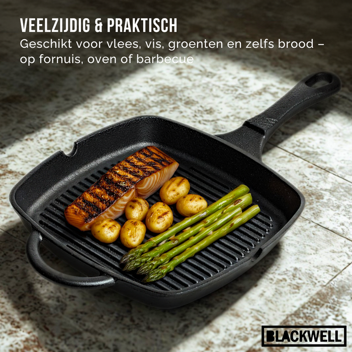 Blackwell Grillpan Gietijzer Cast Iron 23 x 23 cm - geschikt voor alle warmtebronnen - zonder anti-aanbaklaag
