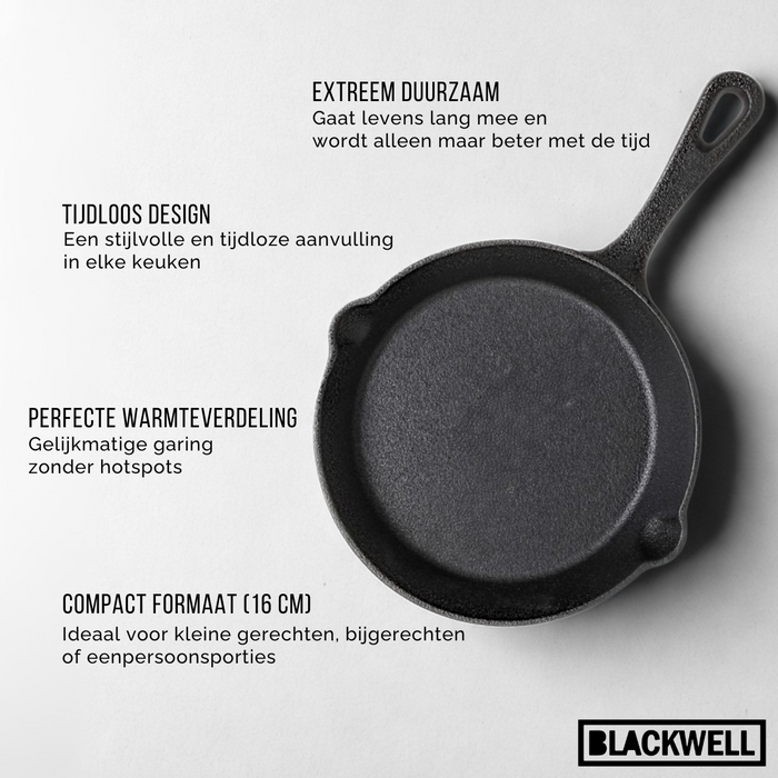 Blackwell Koekenpan Skillet Gietijzer ø 16 cm - geschikt voor alle warmtebronnen - zonder anti-aanbaklaag