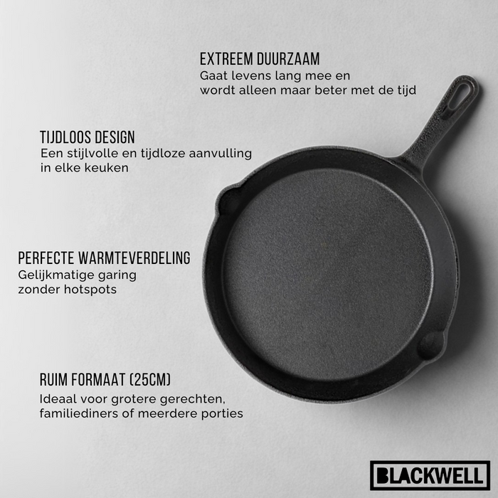 Blackwell Koekenpan Skillet Gietijzer ø 25 cm - geschikt voor alle warmtebronnen - zonder anti-aanbaklaag
