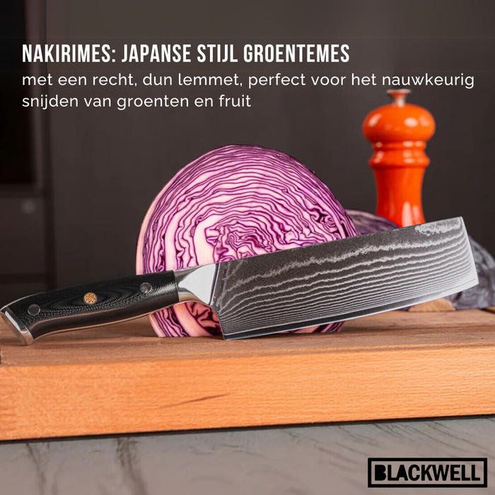 Blackwell Messenset (Koksmes + Groentemes / Nakirimes) - Japanse stijl - 67 lagen damaststaal - VG10 - 2-delig