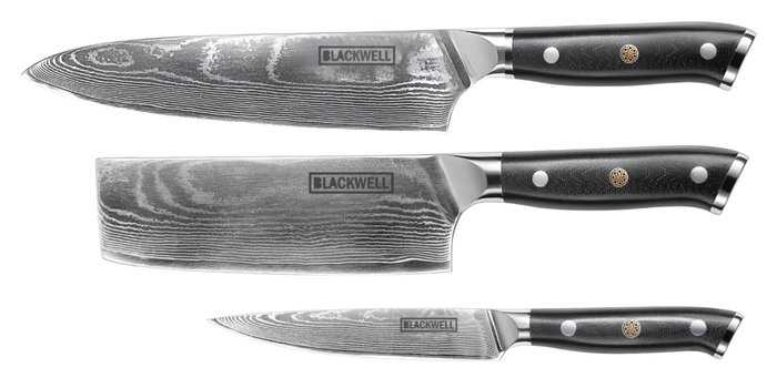 Blackwell Messenset (Koksmes + Groentemes + Officemes) - Japanse stijl - 67 lagen damaststaal - VG10 - 3-delig