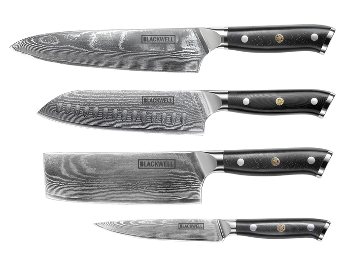 Blackwell Messenset (Koksmes + Santokumes + Nakirimes + Officemes) - Japanse stijl - 67 lagen damaststaal - VG10 - 4-delig