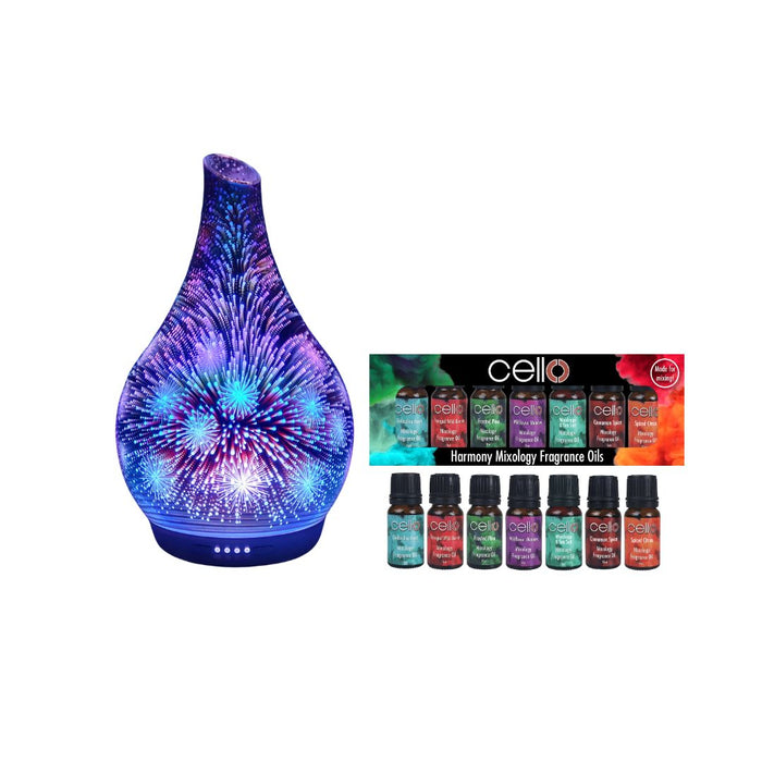 Cello - Firework 3D Ultrasonic Diffuser Large with Harmony Mixology Oil Set 7PK