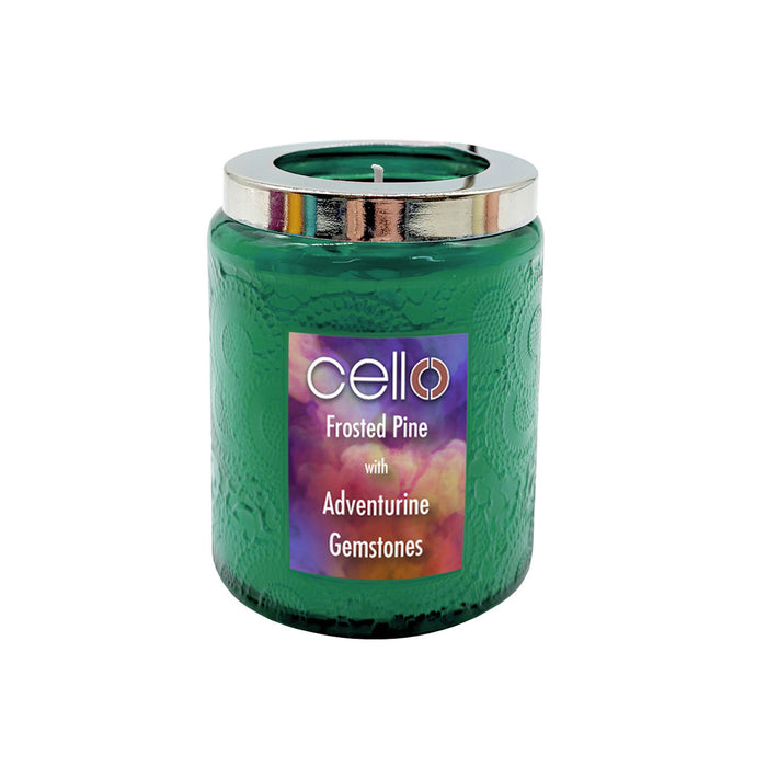 Cello - Gemstone Candle 200g with Convection Spinner - Frosted Pine with Aventurine