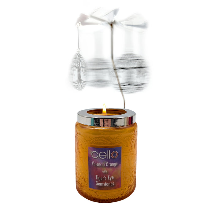 Cello - Gemstone Candle 200g with Convection Spinner - Valencia Orange with Tiger's Eye