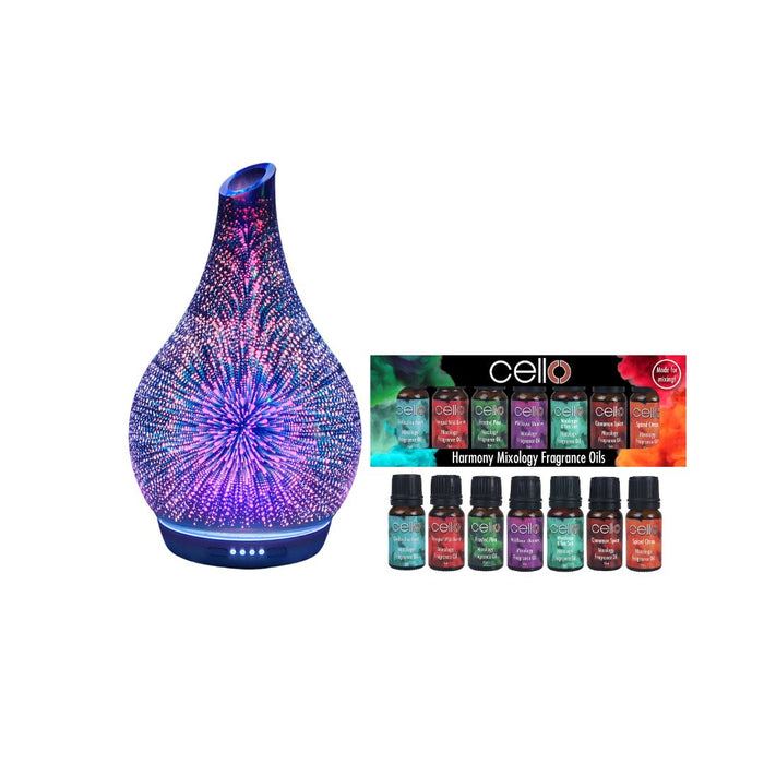 Cello - Infinity 3D Glass Ultrasonic Diffuser with Harmony Mixology Oil Set 7PK