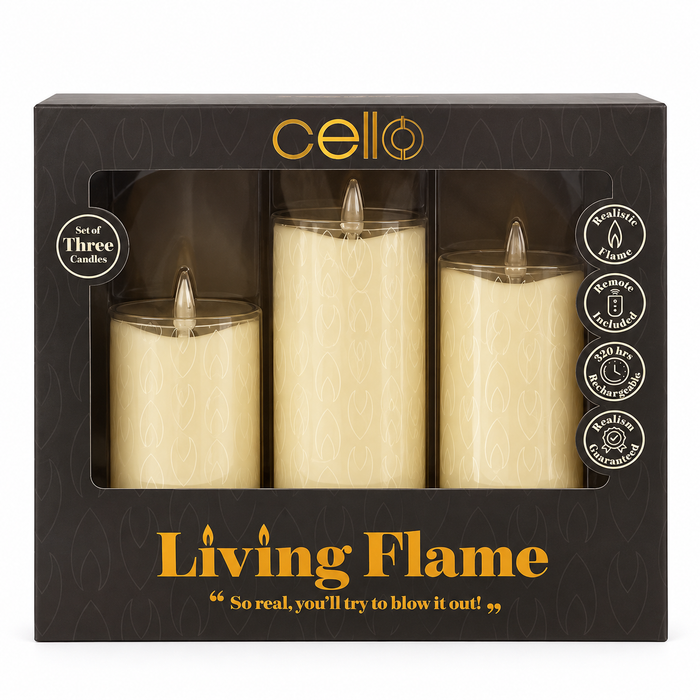 Cello - Living Flame LED Candle Pillar - Set of 3