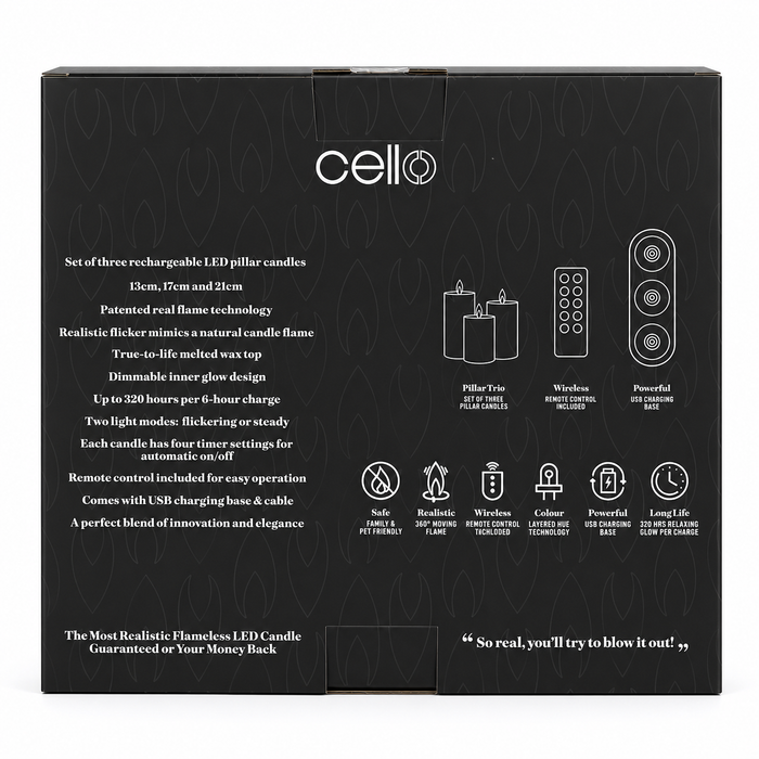 Cello - Living Flame LED Candle Pillar - Set of 3