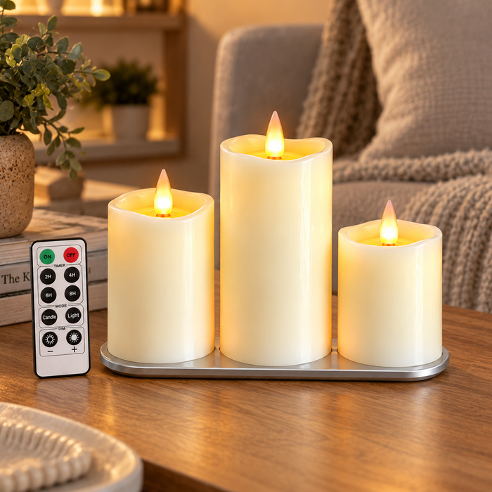 Cello - Living Flame LED Candle Pillar - Set of 3