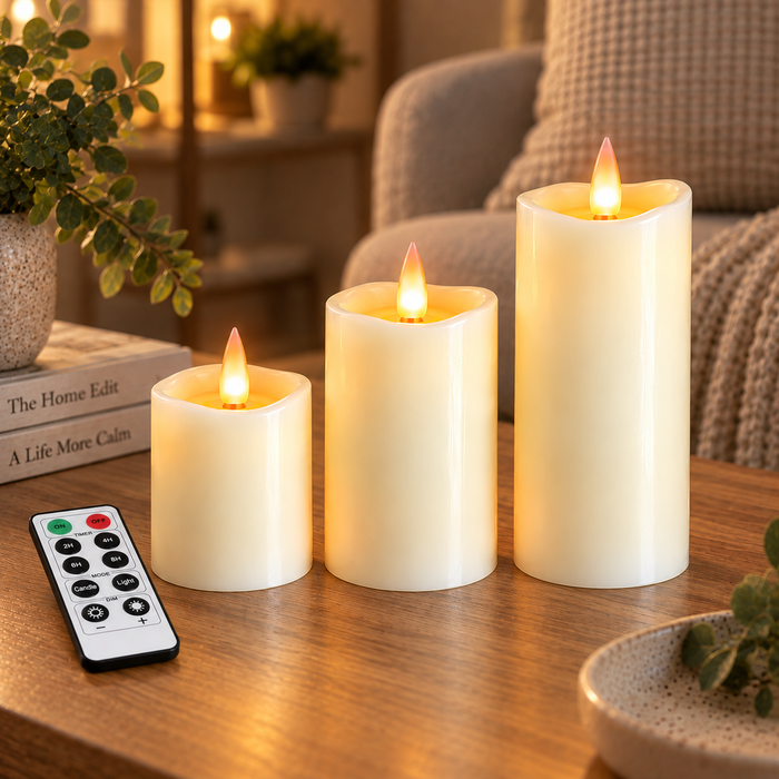 Cello - Living Flame LED Candle Pillar - Set of 3