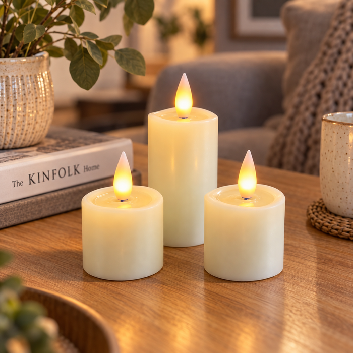 Cello - Living Flame LED Candle Tealight - Set of 3 Votives - Mixed