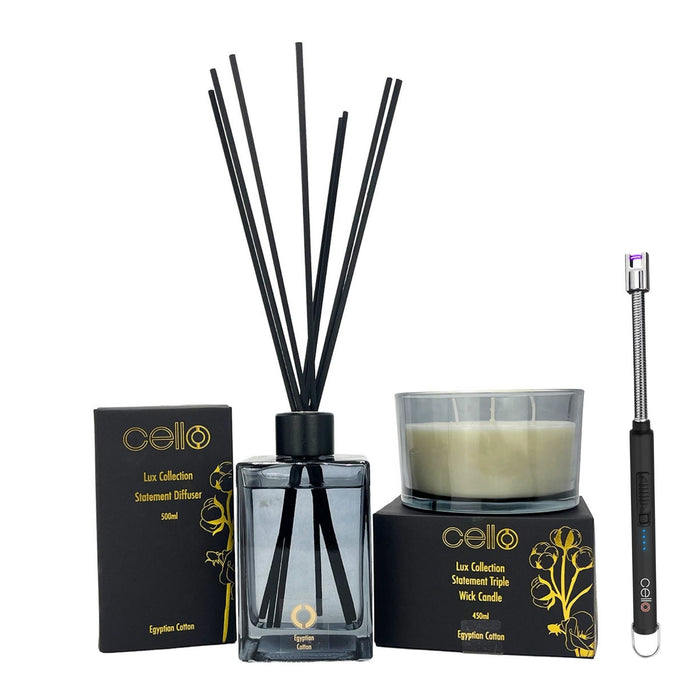 Cello - Lux Reed Diffuser & 3 Wick Candle Set with R/Lighter - Egyptian Cotton