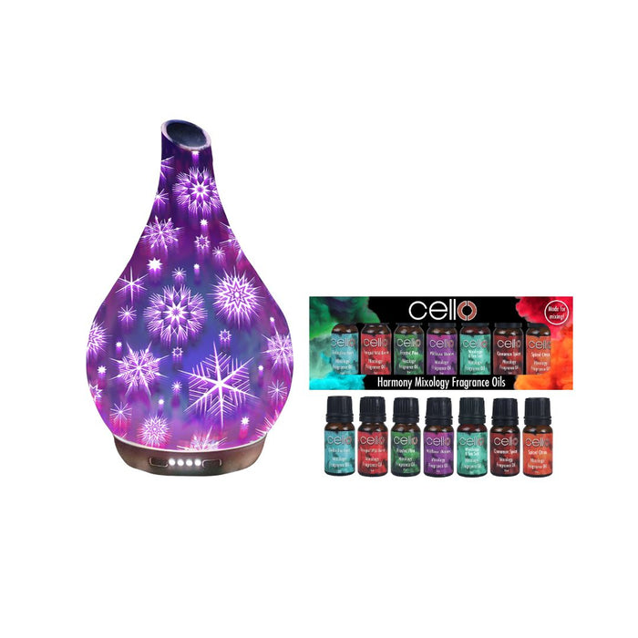 Cello - Snowflake 3D Art Glass Ultrasonic Diffuser Large with Harmony Mixology Oil Set 7PK