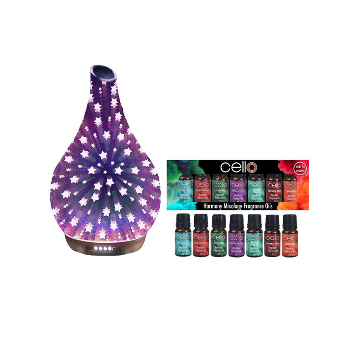 Cello - Star 3D Art Glass Ultrasonic Diffuser Large with Harmony Mixology Oil Set 7PK