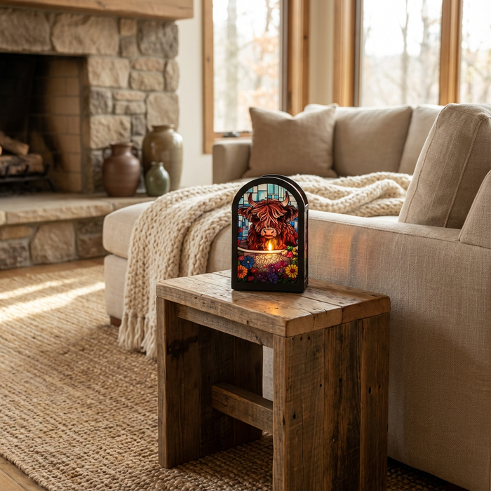 Cello - Tealight Holder - Floral Highland Cow (Arch Shape)