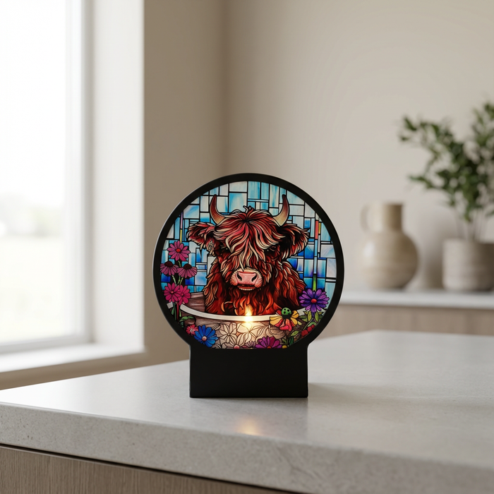 Cello - Tealight Holder - Floral Highland Cow (Circle Shape)