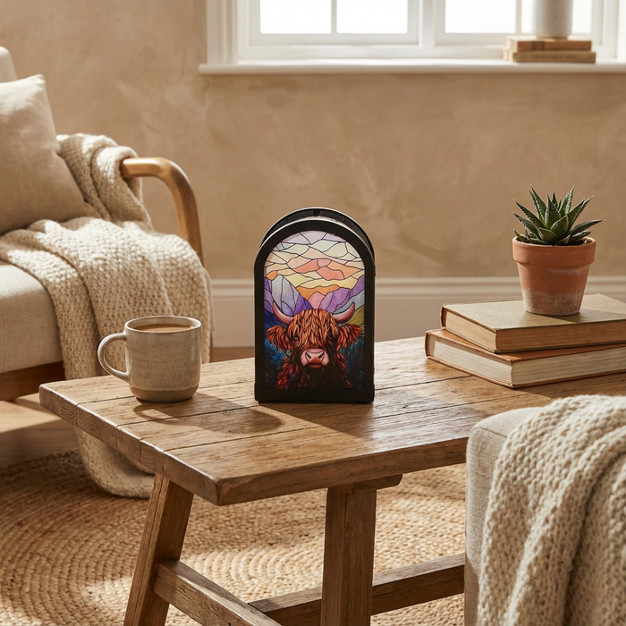 Cello - Tealight Holder - Sunrise Highland Cow (Arch Shape)