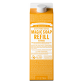 Carton of Dr. Bronners 18 in 1 Pure Castile Magic Soap Refill, labeled Citrus. Contains organic oils and fair trade ingredients. Text emphasizes versatility and eco friendliness. Volume 32 FL OZ 946 mL [32 oz]