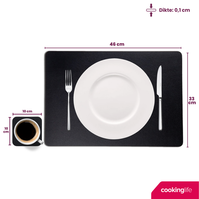 Cookinglife 6 Placemats + 6 Onderzetters - Vegan leer - Zwart