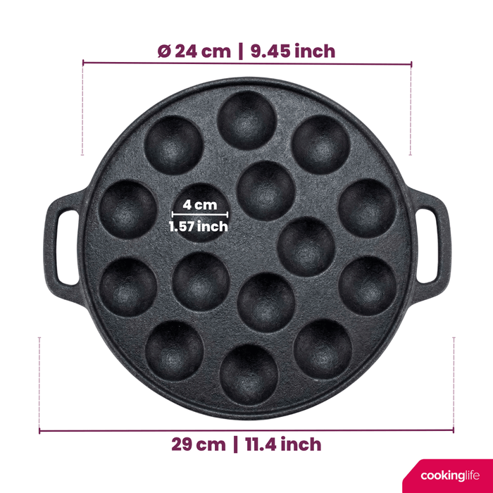 Cookinglife Poffertjespan - Gietijzer - ø 24 cm - 15 poffertjes - zonder anti-aanbaklaag - geschikt voor alle warmtebronnen
