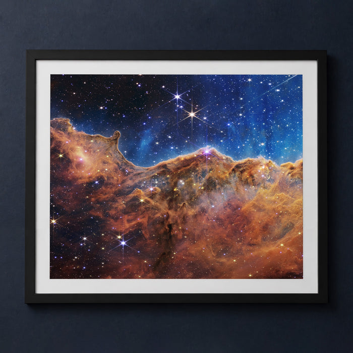 Framed print mockup — Cosmic Cliffs Eta Carina Nebula
