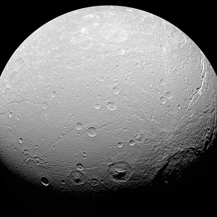 Crater on Dione - high resolution space images - Sky Image Lab