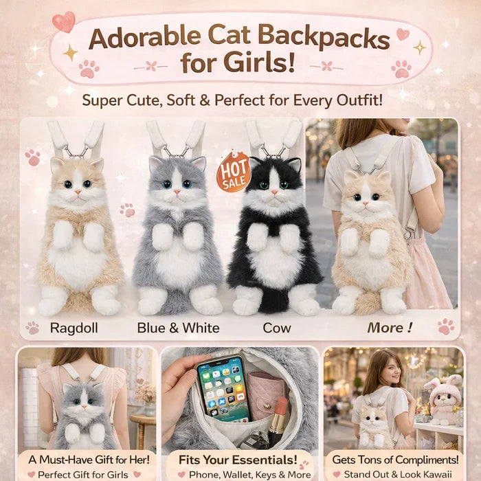 Cute Cat Backpack for Girls, Kawaii Plush Bag, Soft Animal Crossbody Bag for School, Travel & Daily Outfit
