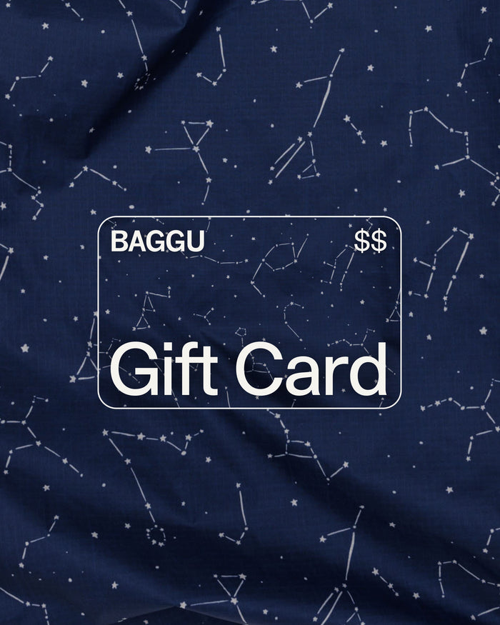 A digital gift card with a constellation pattern and the text 'BAGGU' and '$' symbol indicating it's a gift card.