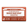 Dr. Bronners Eucalyptus Magic Bar Soap rests against a plain background. The packaging is brown and white, emphasizing natural, organic ingredients. Text reads ALL ONE PURE CASTILE MAGIC BAR SOAP EUCALYPTUS, highlighting its eco friendly, certified organic formula for body, face, and hands, net weight 5 oz140g [5 oz]