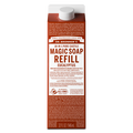 A carton displays DR. BRONNERS 18 IN 1 PURE CASTILE MAGIC SOAP REFILL EUCALYPTUS text prominently. Featuring fair trade organic ingredients, it champions sustainability in personal care within a versatile refillable packaging [32 oz]