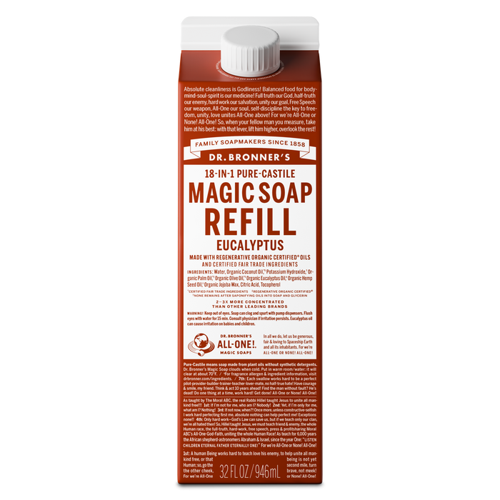 A carton displays DR. BRONNERS 18 IN 1 PURE CASTILE MAGIC SOAP REFILL EUCALYPTUS text prominently. Featuring fair trade organic ingredients, it champions sustainability in personal care within a versatile refillable packaging [32 oz]