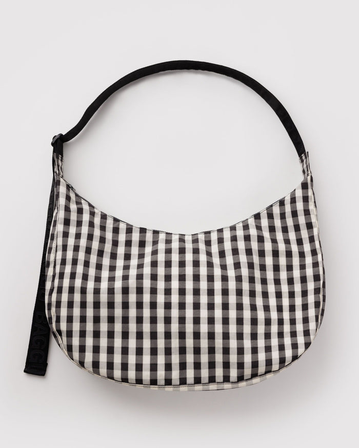 Large Nylon Crescent Bag - Black and Cream Gingham