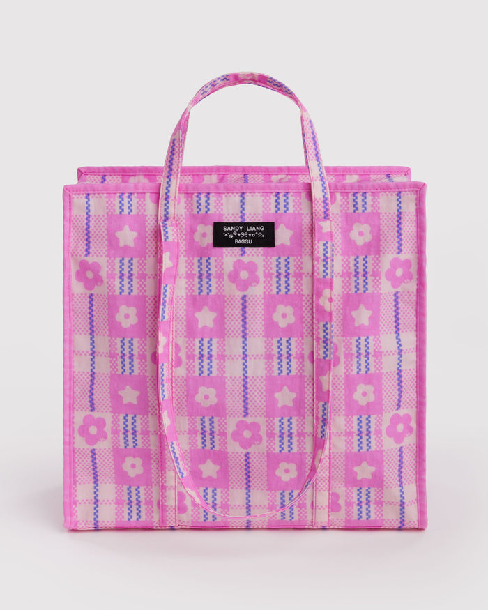 Large Nylon Market Bag - Market Plaid Pink
