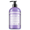 A 12 oz bottle of Dr. Bronners 4 in 1 Lavender Organic Sugar Soap with a pump dispenser. The label reads For face, body, hands hair. Made with fair trade ingredients. Certified Fair Trade Ingredients. The packaging highlights sustainable, organic attributes [12 oz]
