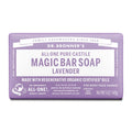 Dr. Bronners lavender Magic Bar Soap features lavender packaging with white text. It emphasizes All One Pure Castile Magic Bar Soap and Made with Regenerative Organic Certified Oils. Net weight 5 oz140g. Perfect for body and hands [5 oz]