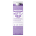 A purple carton labeled Dr. Bronners Magic Soap Refill Lavender with text detailing organic certification, ingredients, and usage. This eco friendly, vegan product is ideal for sustainable living and organic skincare [32 oz]