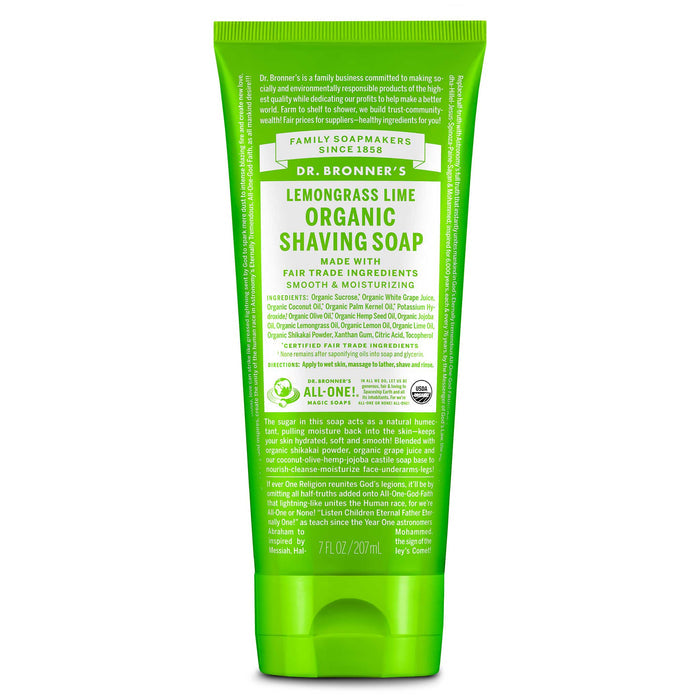 A green tube labeled Dr. Bronners Lemongrass Lime Organic Shaving Soap features bold text on smooth, moisturizing fair trade ingredients. It includes instructions for application, detailed organic ingredients, and the companys ethical mission statement [7 oz]