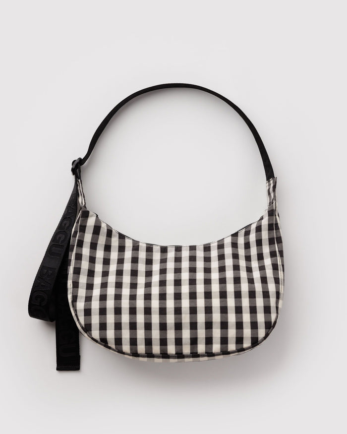 Medium Nylon Crescent Bag - Black and Cream Gingham