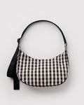 Medium Nylon Crescent Bag - Black and Cream Gingham