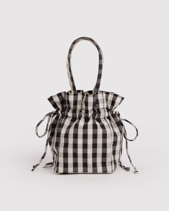 Nylon Drawstring Bag - Black and Cream Gingham