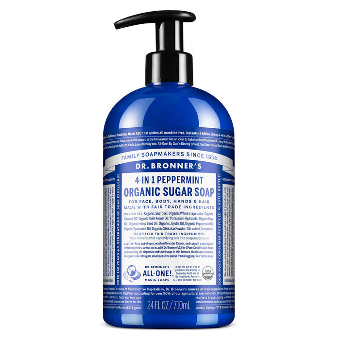 A blue bottle of Dr. Bronners Organic Sugar Soap with pump dispenser displayed on a white background. The label features small, detailed text about ingredients and product details, highlighting eco friendly and fair trade certifications [24 oz]