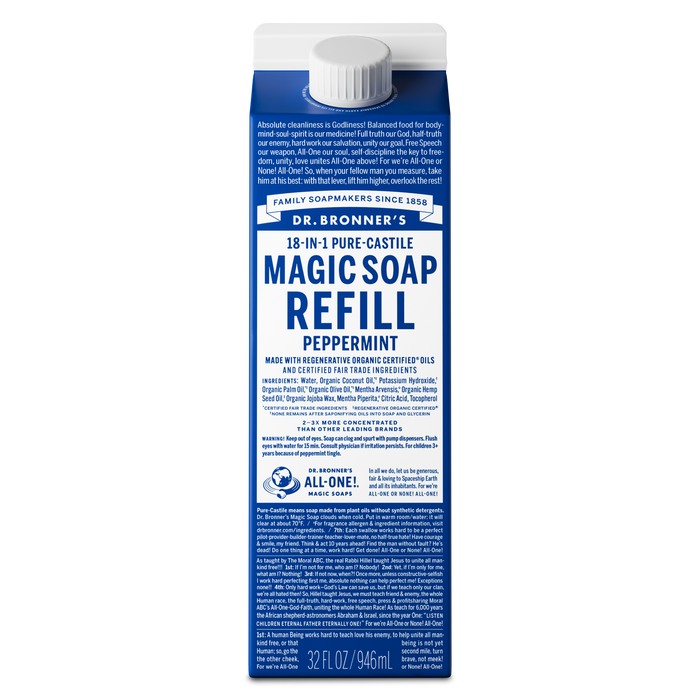 A blue carton labeled Dr. Bronners Magic Soap Refill Peppermint stands upright, featuring text on sustainable, fair trade ingredients. The background is plain white, emphasizing eco friendly soap packaging [32 oz]