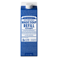 A blue carton labeled Dr. Bronners Magic Soap Refill Peppermint stands upright, featuring text on sustainable, fair trade ingredients. The background is plain white, emphasizing eco friendly soap packaging [32 oz]