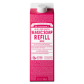 A carton of Dr. Bronners Magic Soap Refill in rose scent, highlighting 18 in 1 pure castile soap uses. Made with organic and fair trade ingredients like coconut and palm kernel oil, 32 fl oz [32 oz]