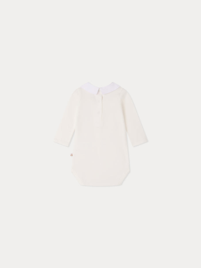 Septembre bodysuit with hand-embroidered squirrel collar in organic cotton