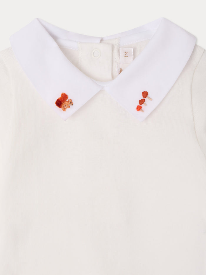 Septembre bodysuit with hand-embroidered squirrel collar in organic cotton