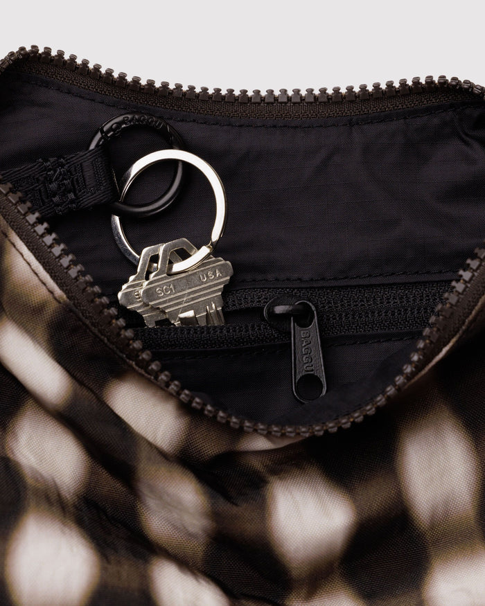 Small Nylon Crescent Bag - Blurred Gingham Brown